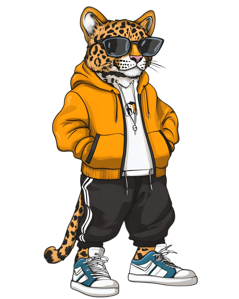 Stylish Leopard Character in Trendy Streetwear Outfit with Hoodie and Sunglasses png