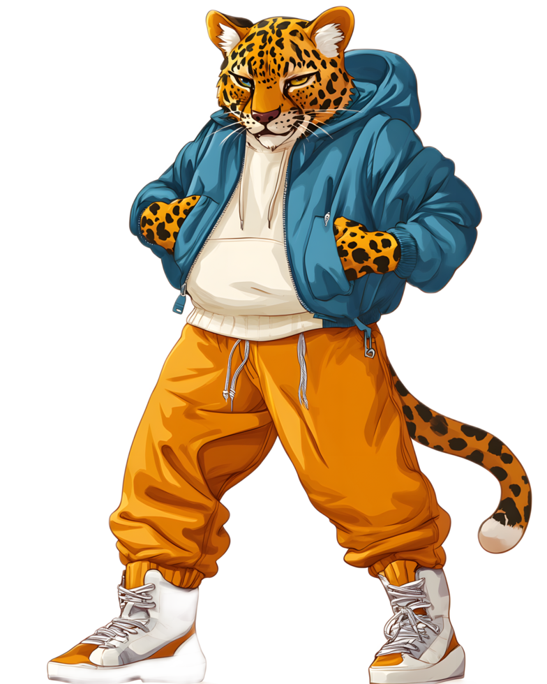 Fierce and Fashionable Leopard Character in Streetwear Attire png
