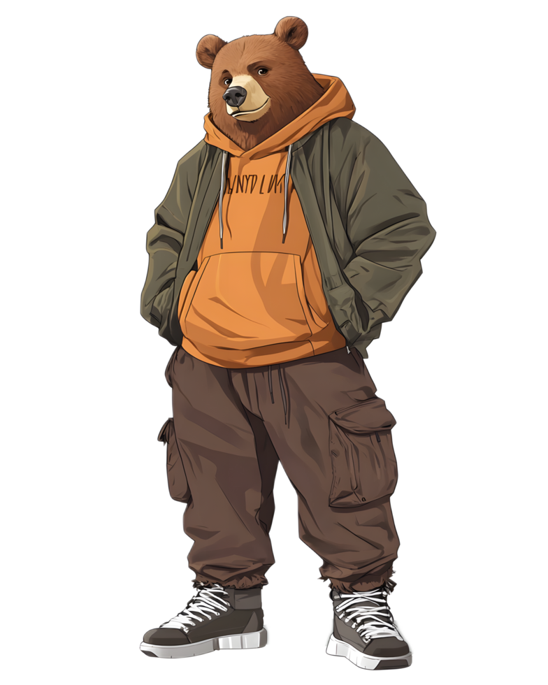 Anthropomorphic Bear Character Wearing a Hoodie in an Urban Setting png