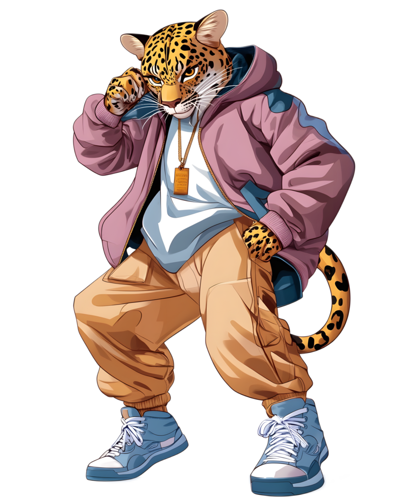 Trendy Leopard Character in Stylish Streetwear Outfit with Hoodie Jacket png