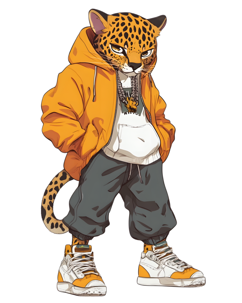 Trendy Leopard Character Wearing Hoodie and Sneakers in Urban Environment png