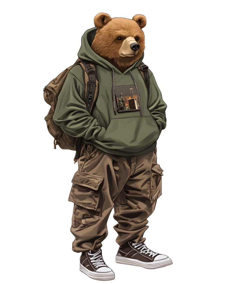 Stylized Urban Bear Character in a Hooded Outdoor Outfit with Backpack png