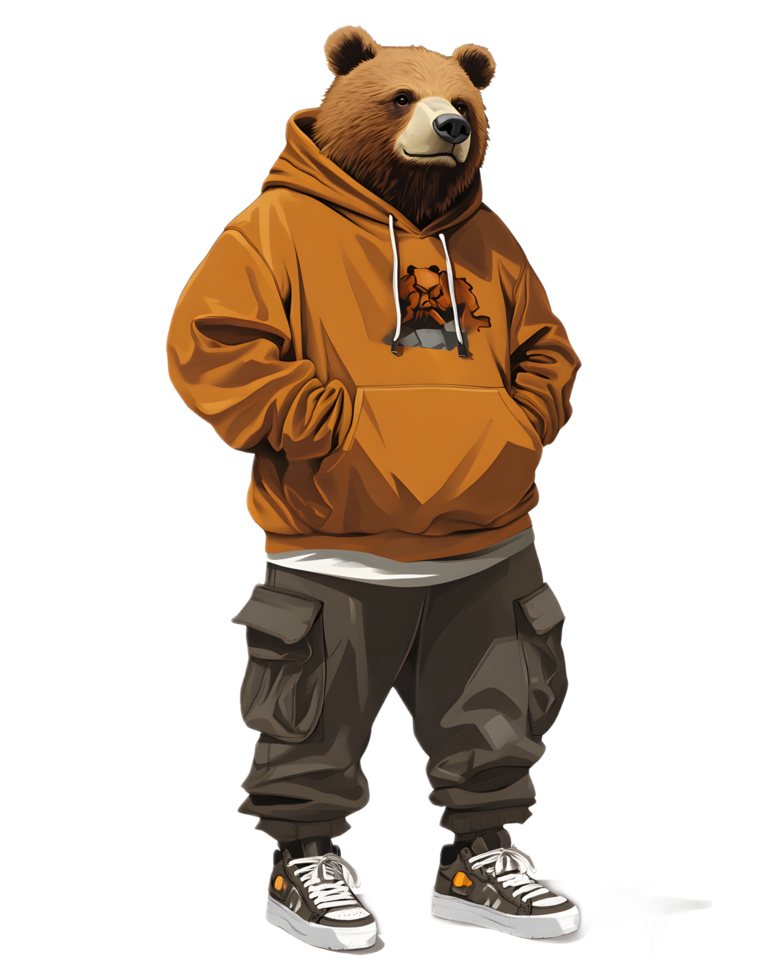 Anthropomorphic Bear Character Wearing a Hoodie in Urban Environment png