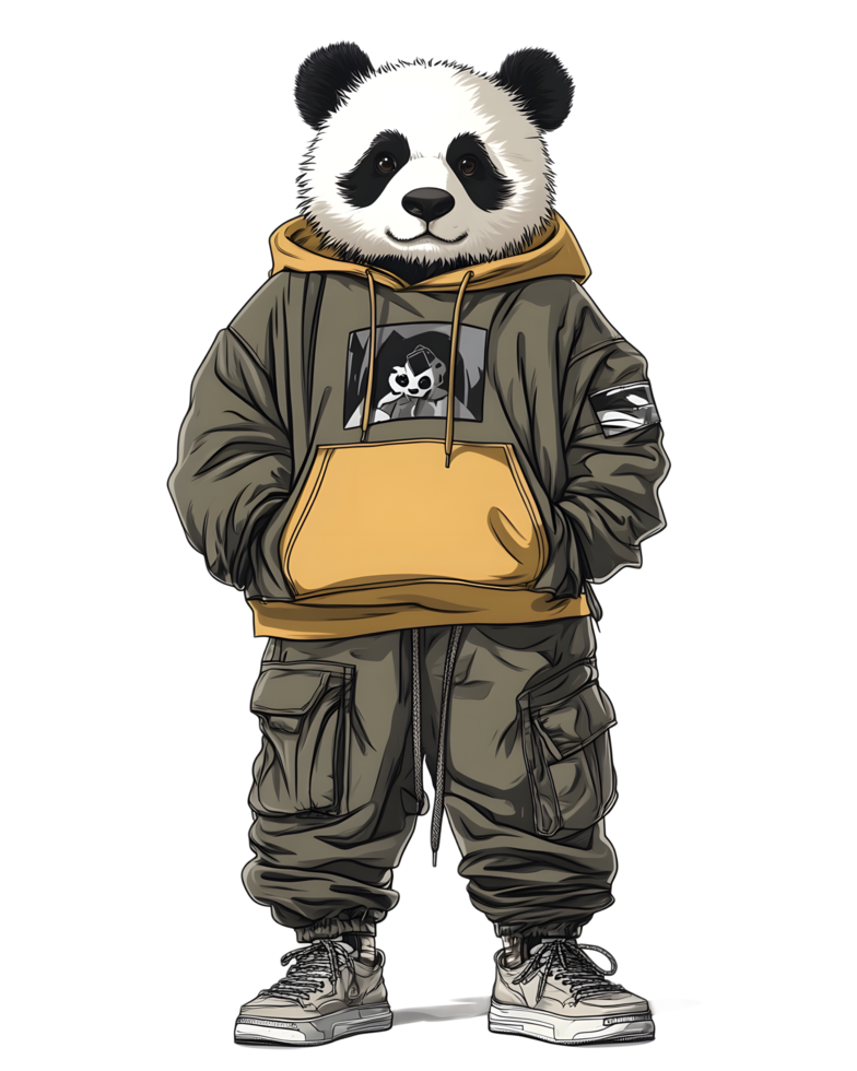 Playful Panda Character Wearing Stylish Hooded Outfit in Urban Setting png
