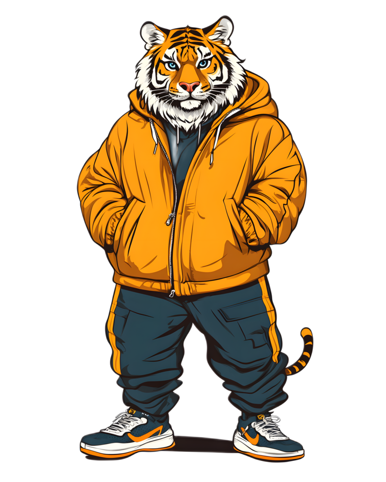 Stylized Trendy Tiger Character Wearing Urban Clothing and Accessories png