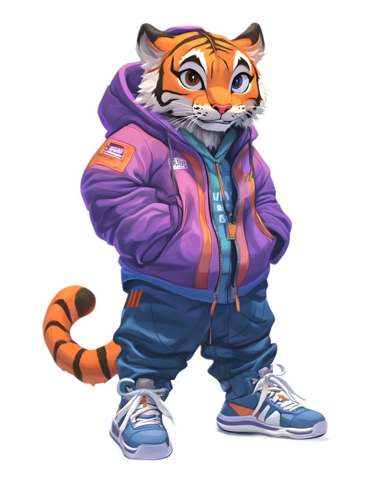 Stylish Animated Tiger Wearing Trendy Winter Outfit and Streetwear Accessories png