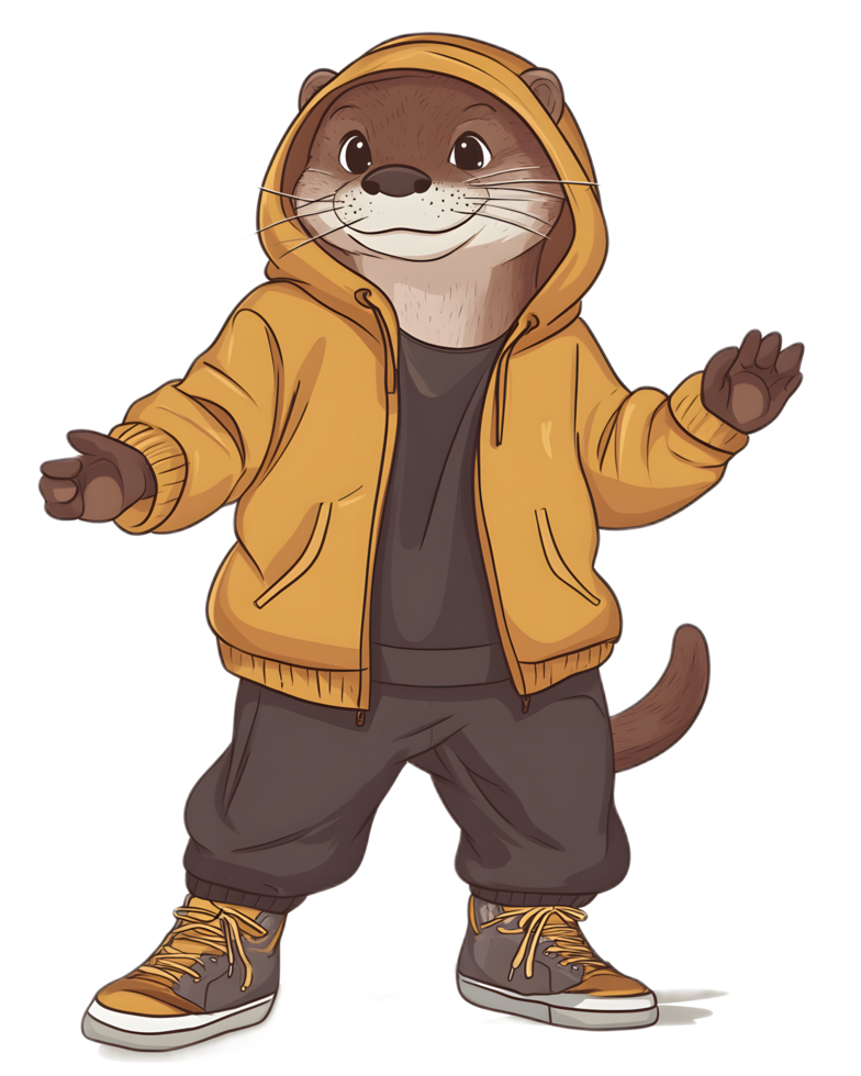 Trendy Cartoon Otter Character in Hooded Jacket and Sneakers png