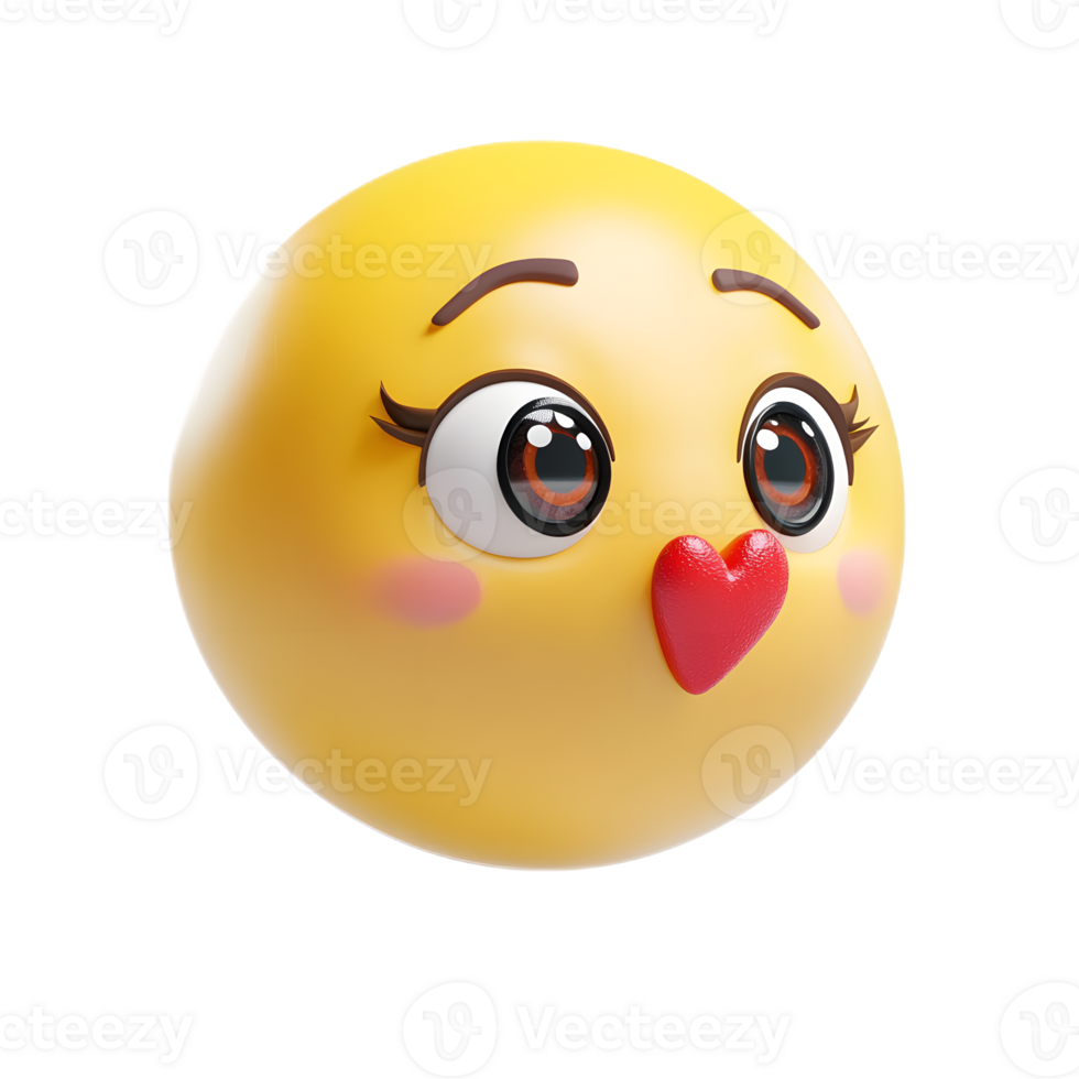 The smiling yellow 3D emoji face blowing a cute digital kiss expression png