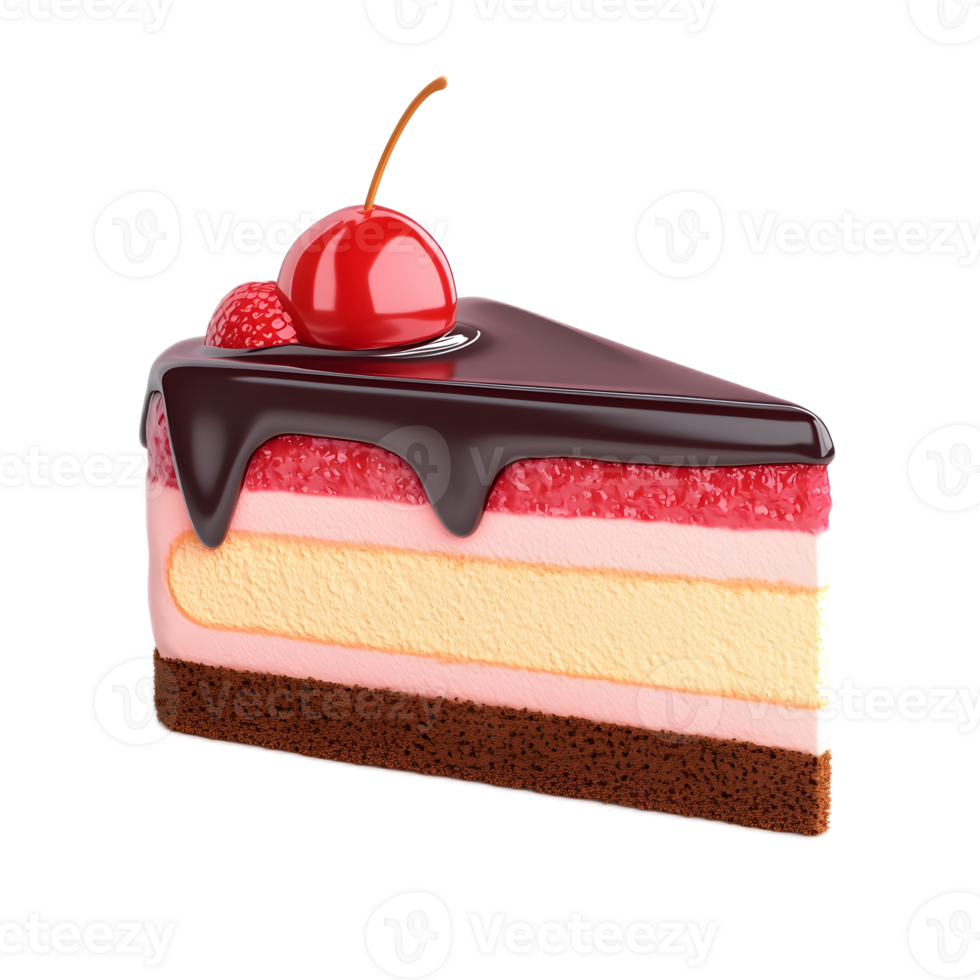 Decadent Chocolate and Cream Cake Slice with Shiny Cherry on Top png
