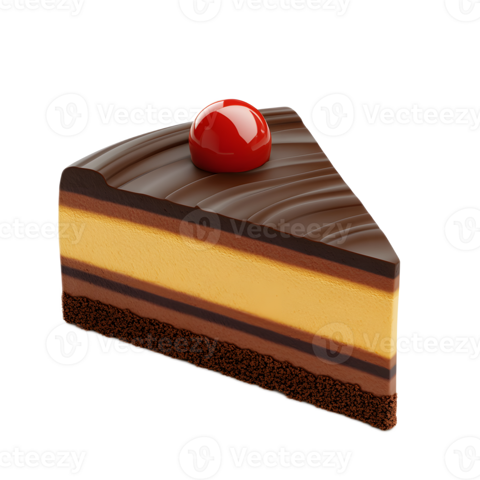 Delicious Layered Chocolate Cake Slice with Cherry on Top png