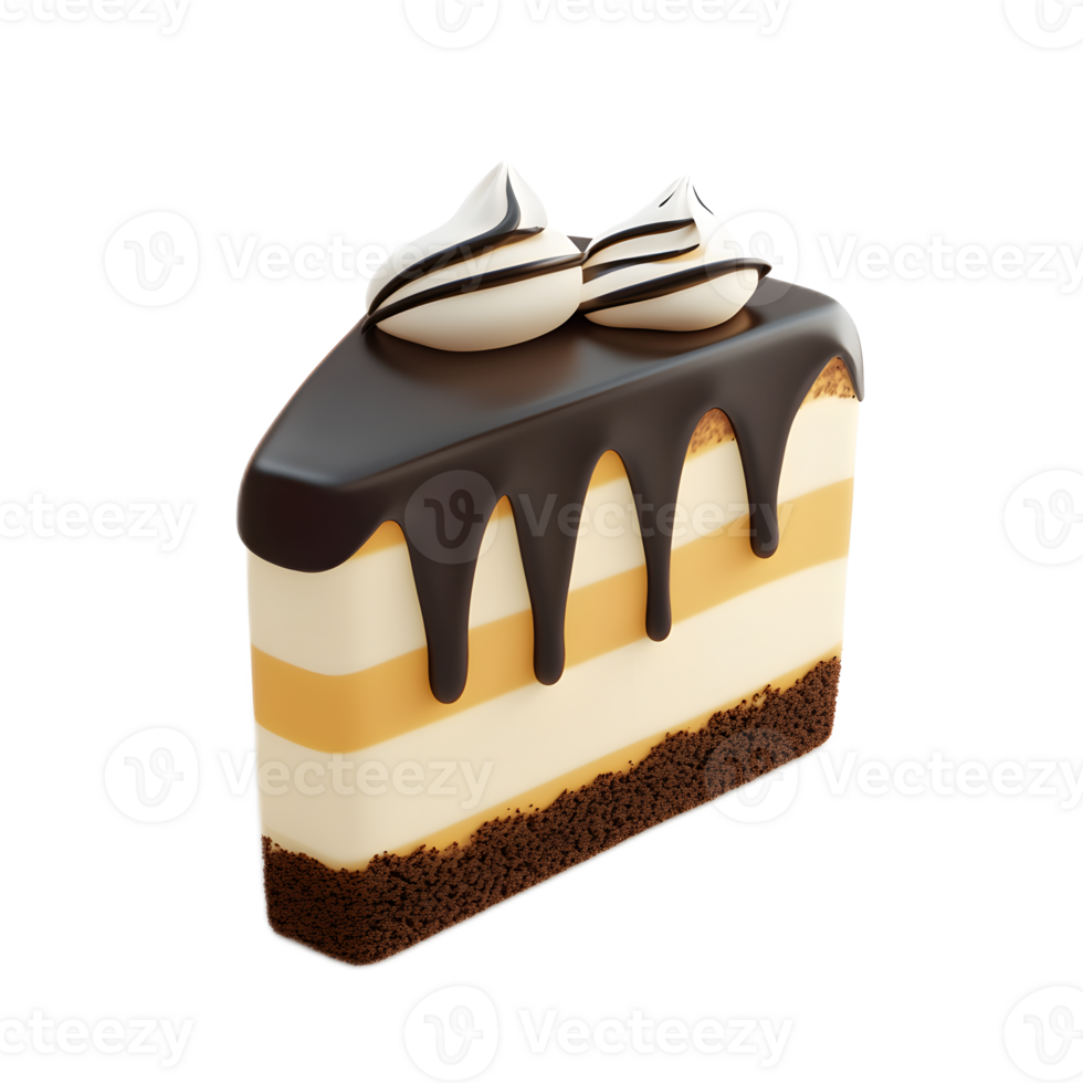 Decadent Chocolate Cake Slice with Creamy Frosting and Drizzled Ganache on White Background png