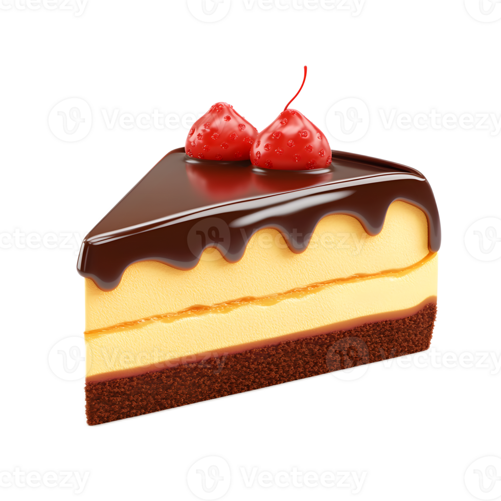 Tempting Chocolate and Cream Cake Slice with Strawberry Topping on White Background png