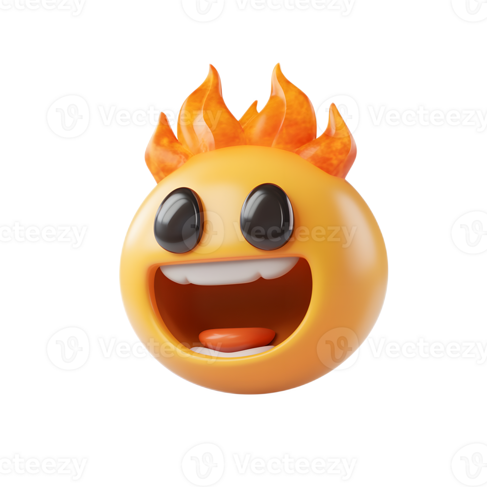 Energetic 3D Flaming Emoji Character with Vibrant Cheerful Expression png