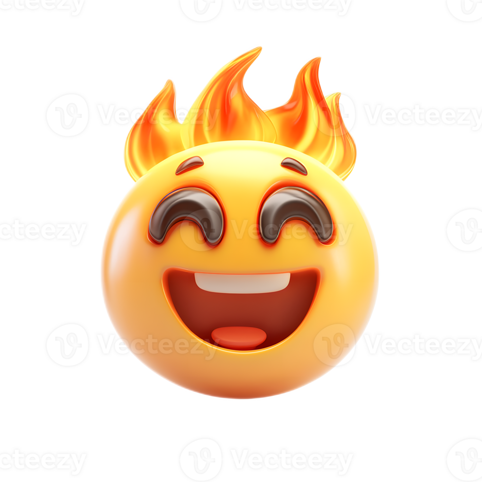 Fiery 3D Cartoon Emoji Face with Flaming Hair and Passionate Expression png