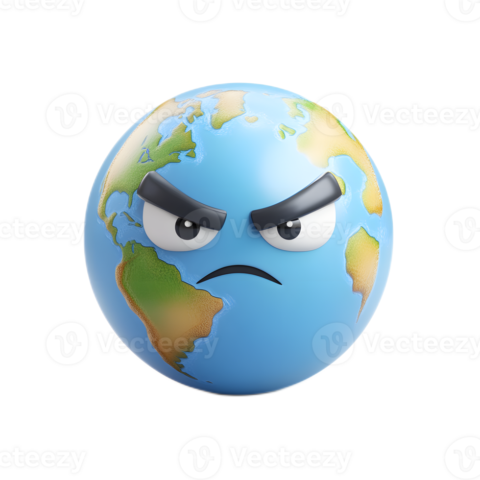 Angry Planet Earth Icon Showing Continents and Displeased Facial Expression png