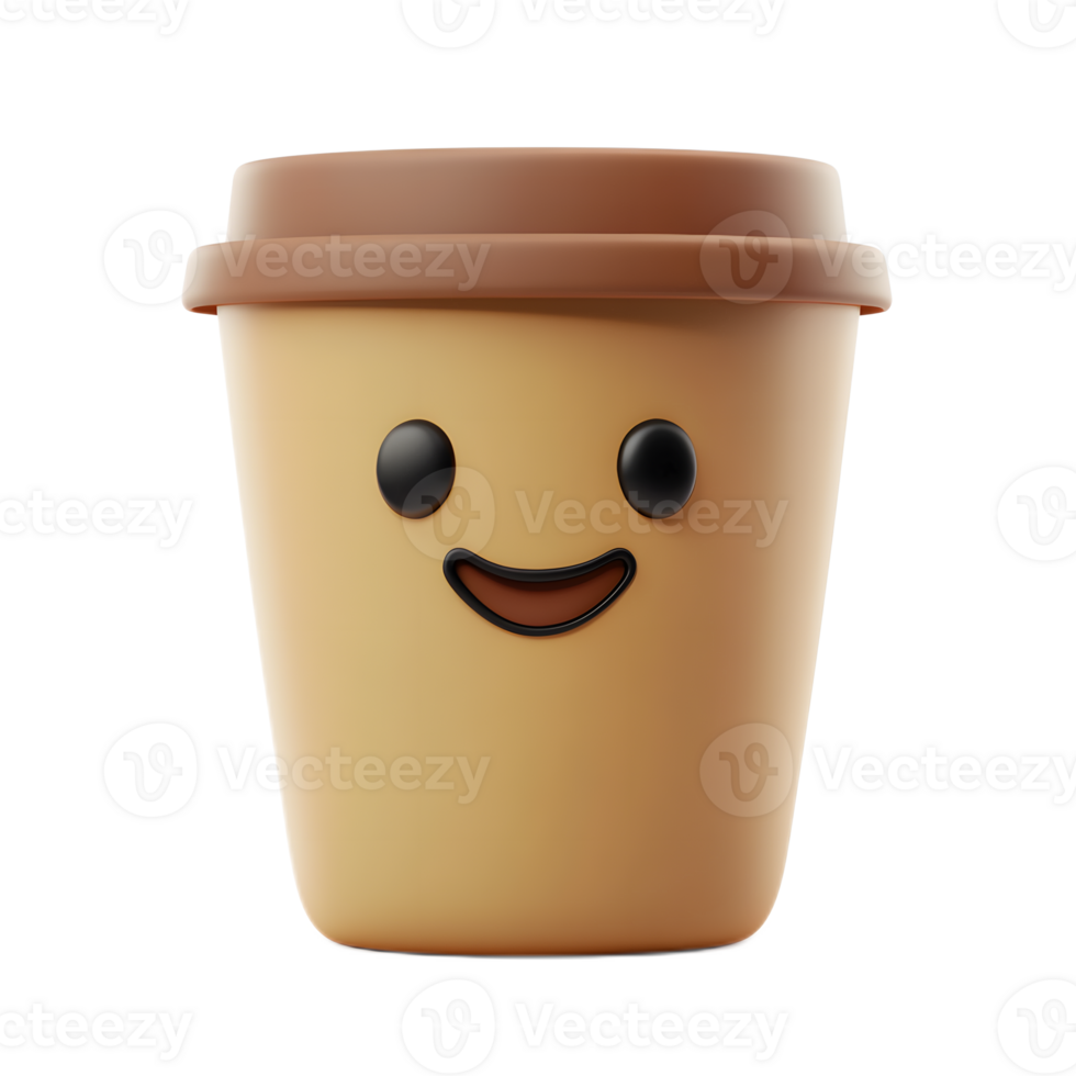Cheerful Smiling 3D Coffee Cup Emoji Character for Hot Beverage Branding or Digital Graphic Design png