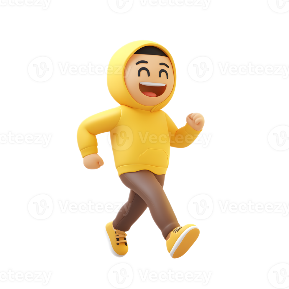 Cheerful Cartoon Figure in Yellow Hoodie Running with Enthusiasm and Energy on White Background png