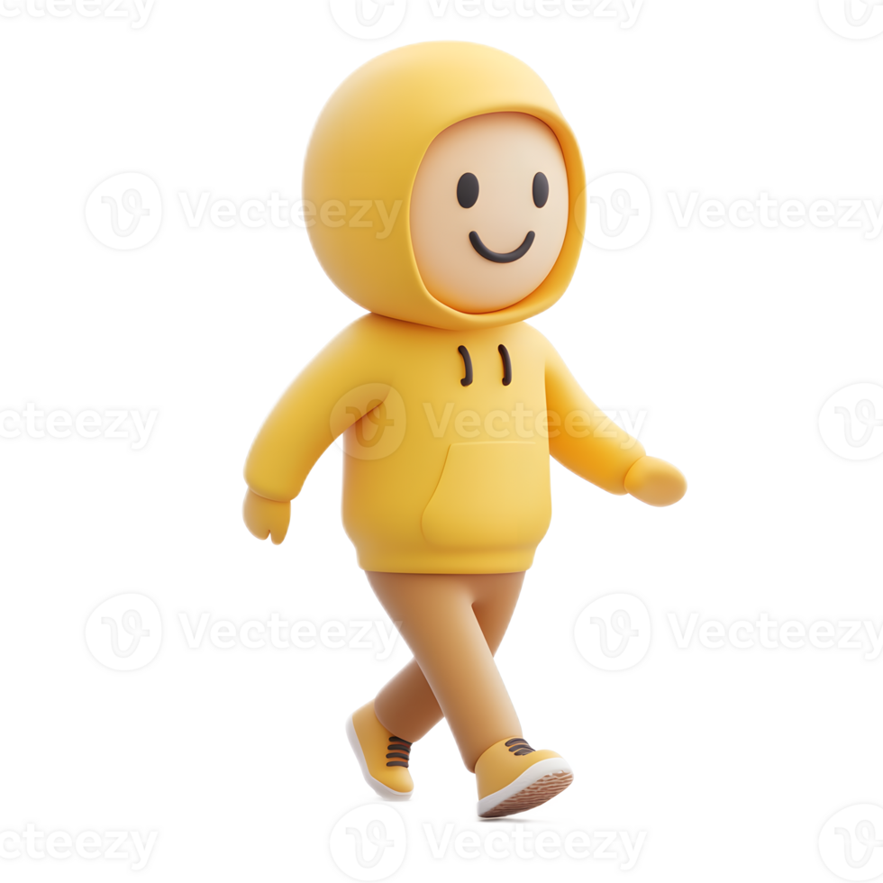 Cheerful Digitally Rendered Smiley Mascot Character Walking in Motion png