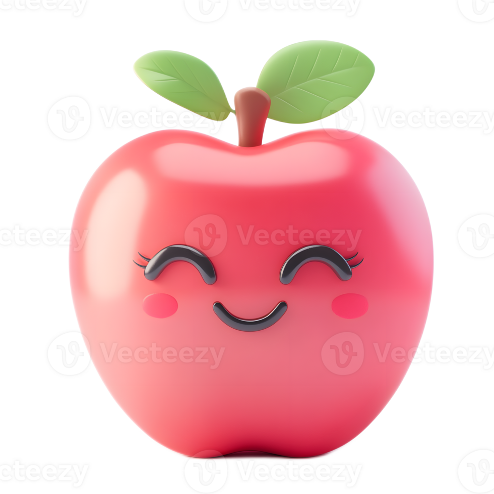 Cheerful Crimson Apple Emoji with Green Leaves on White Background png
