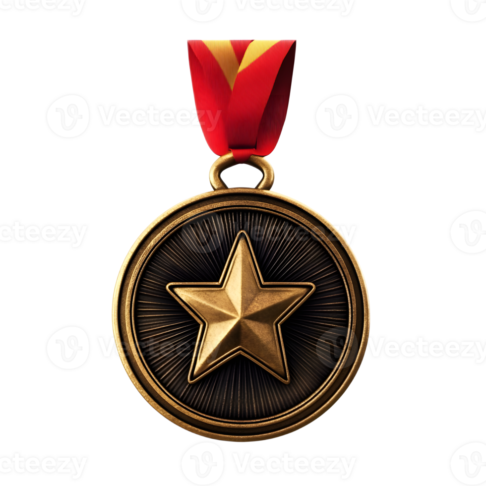 Shiny Gold Military Medal with Red Ribbon Representing Prestigious Achievement and Heroic Distinction png