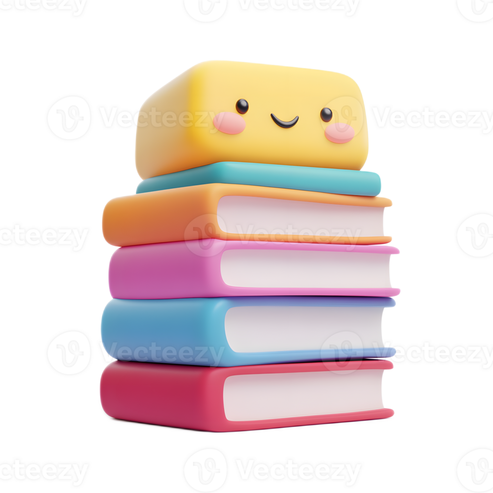 Colorful Stacked Books with Smiling Emoji Character png