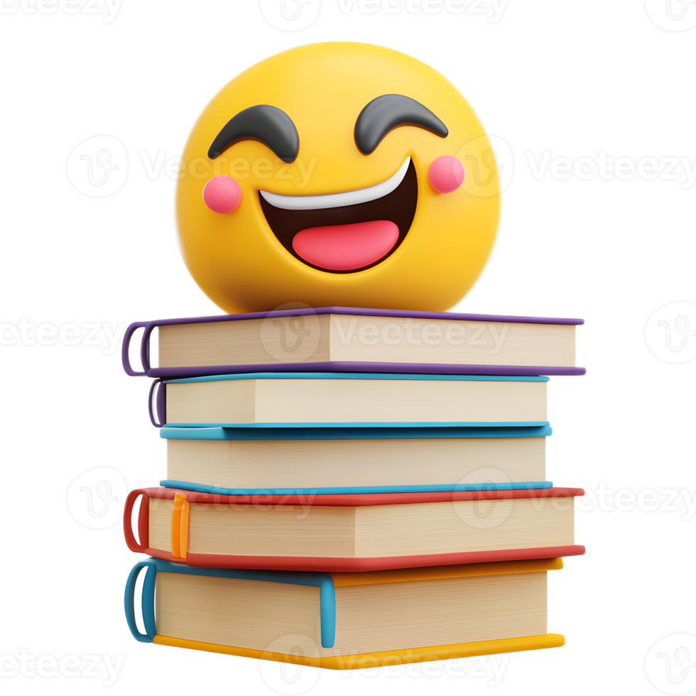 Smiling Emoji Stacked on Books Representing Joy of Learning and Education png