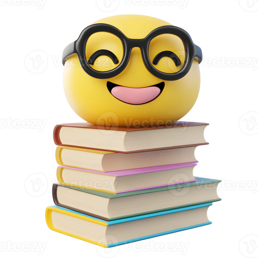 Cheerful Emoji Face with Eyeglasses Atop a Stack of Books Symbolizing Education and Learning png