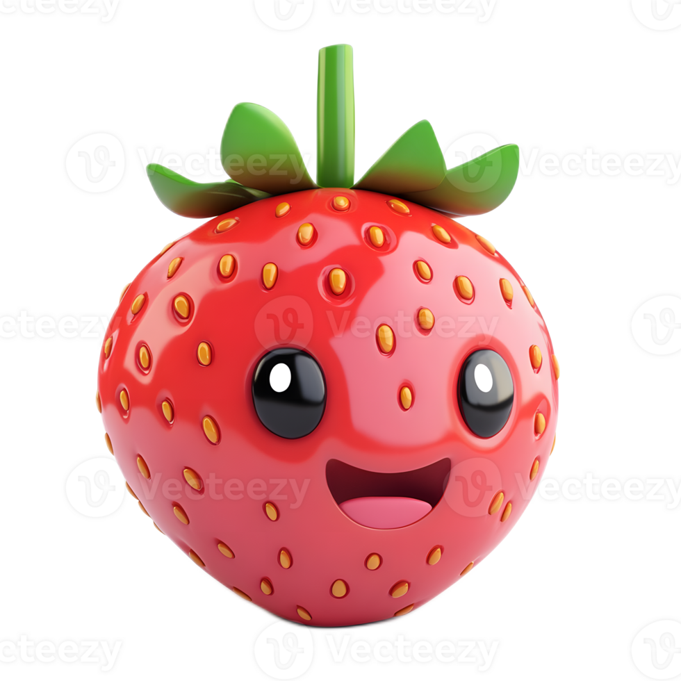 Cheerful Cartoon Strawberry Character with Big Smile and Leaves png