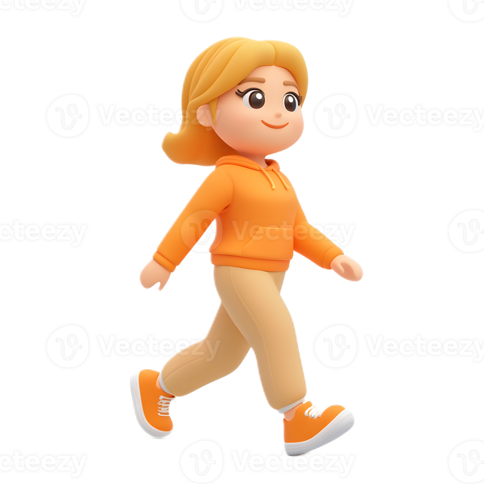 Cheerful 3D Woman Walking In Stylized Animated Character Design png