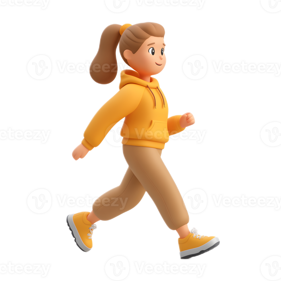 Animated Woman Character in Yellow Jogging Outfit Running Outdoors png