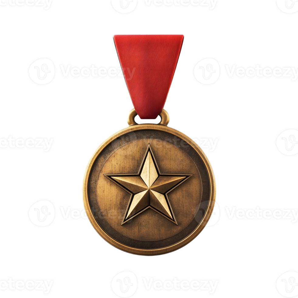 Prestigious Military Medal with Shiny Bronze Star Emblem and Red Ribbon png