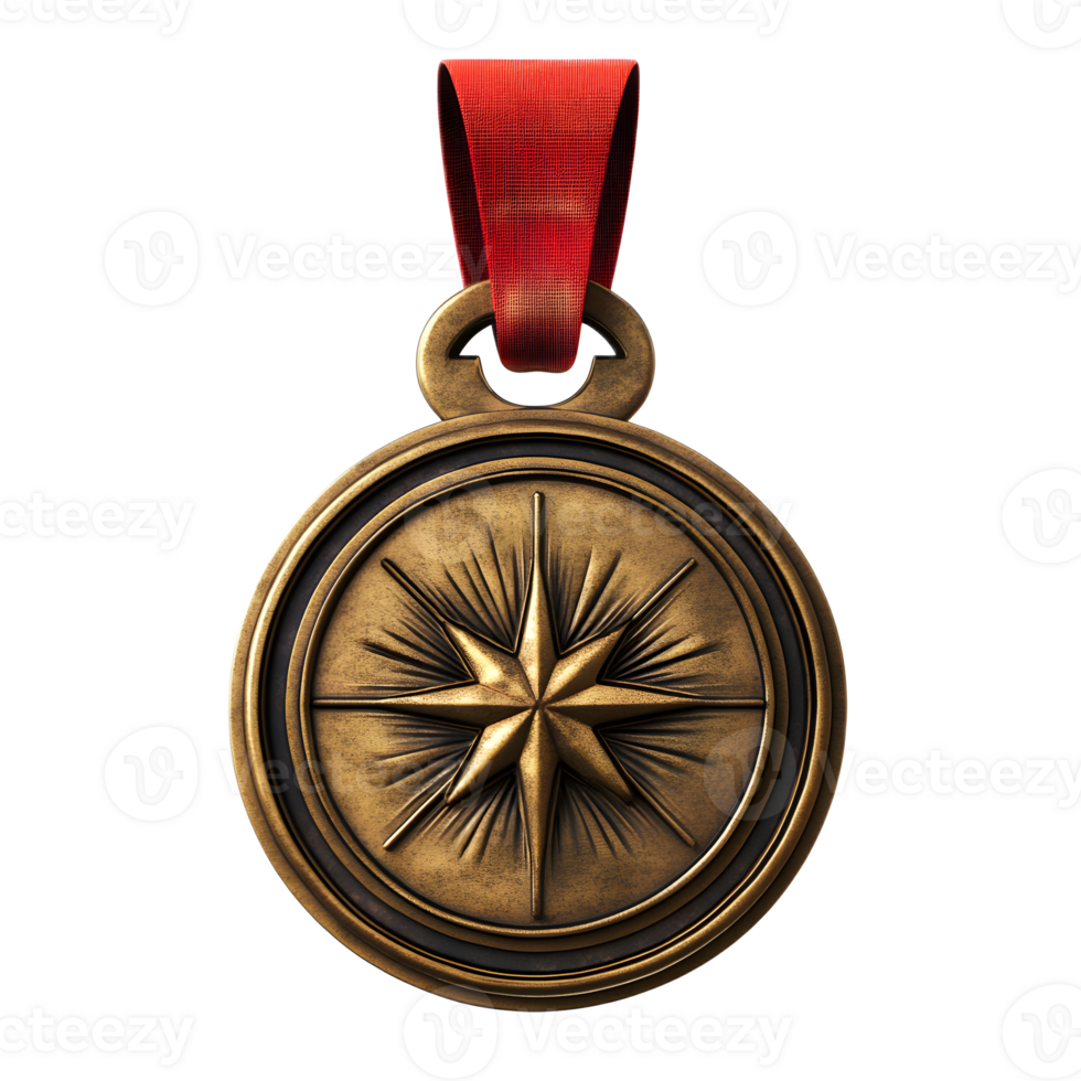 Brass Circular Military Medal with Radiant Star Design on Red Ribbon png