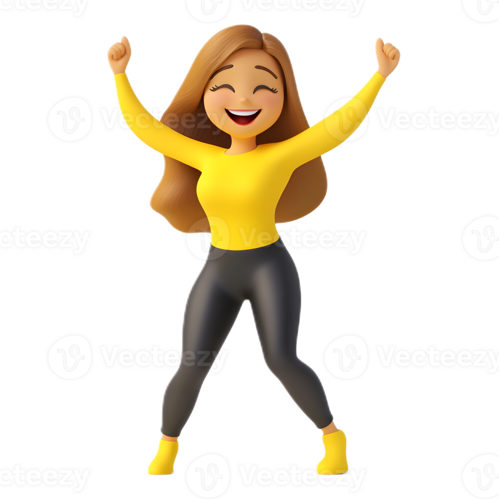 Energetic Female Cartoon Character Joyfully Jumping with Arms Raised png
