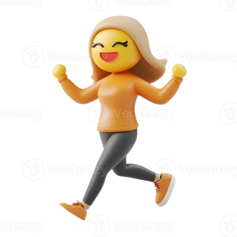 Cheerful Animated Woman in Energetic Dancing Pose with Emoji Expression png