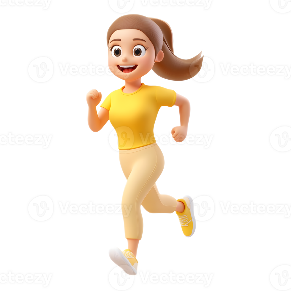 Energetic female 3D animated character running with joyful expression png