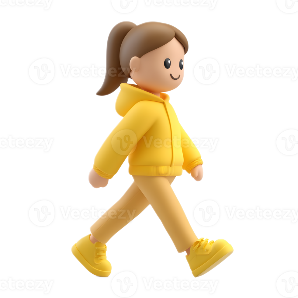 Animated 3D Cartoon Woman in Yellow Walking Casual Pose png