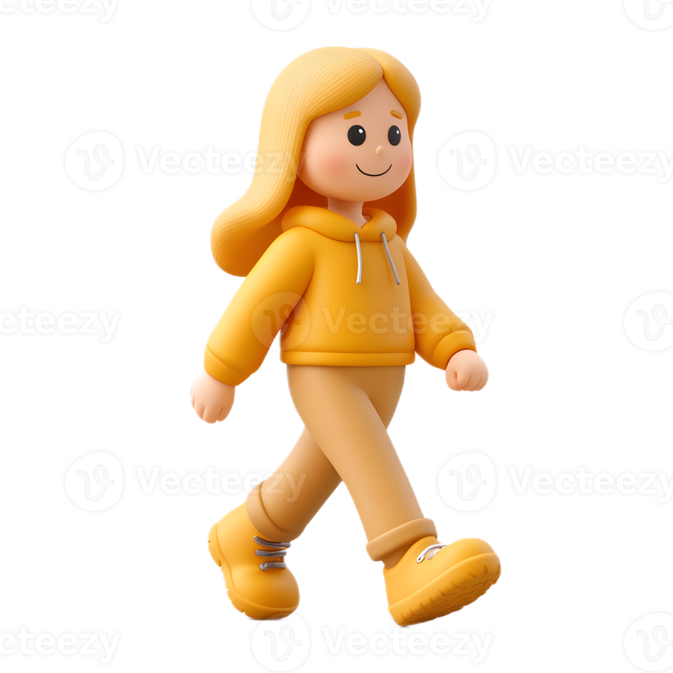 Cheerful Animated Female Character in Bright Yellow Outfit Walking Playfully png