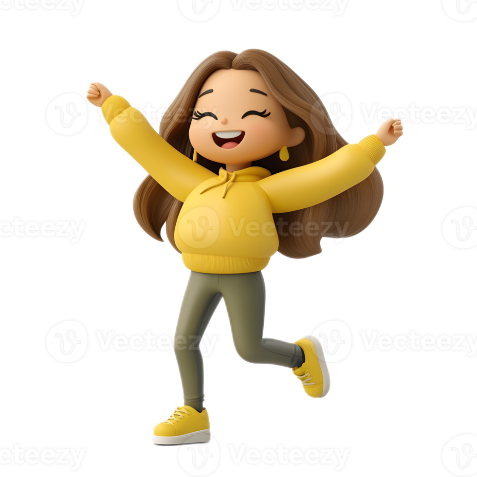 Joyful and energetic female character dancing with raised arms in a cheerful animated style png