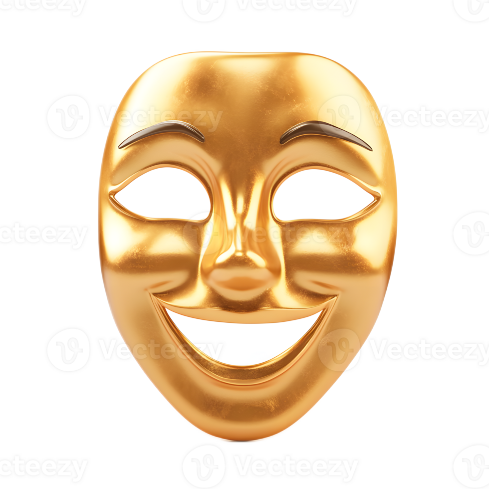 Theatrical Golden Mask with Smiling Expression Representing Comedy and Drama png