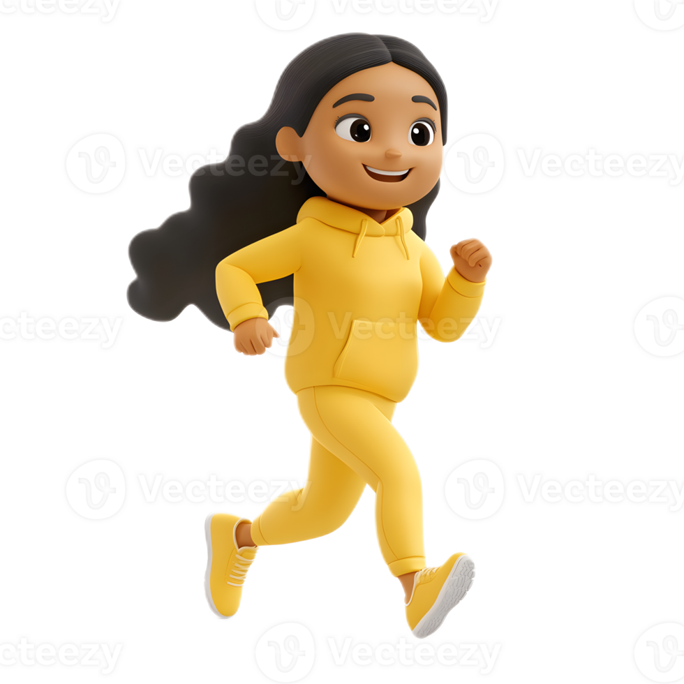 Smiling woman with long dark hair runs in bright yellow workout outfit png