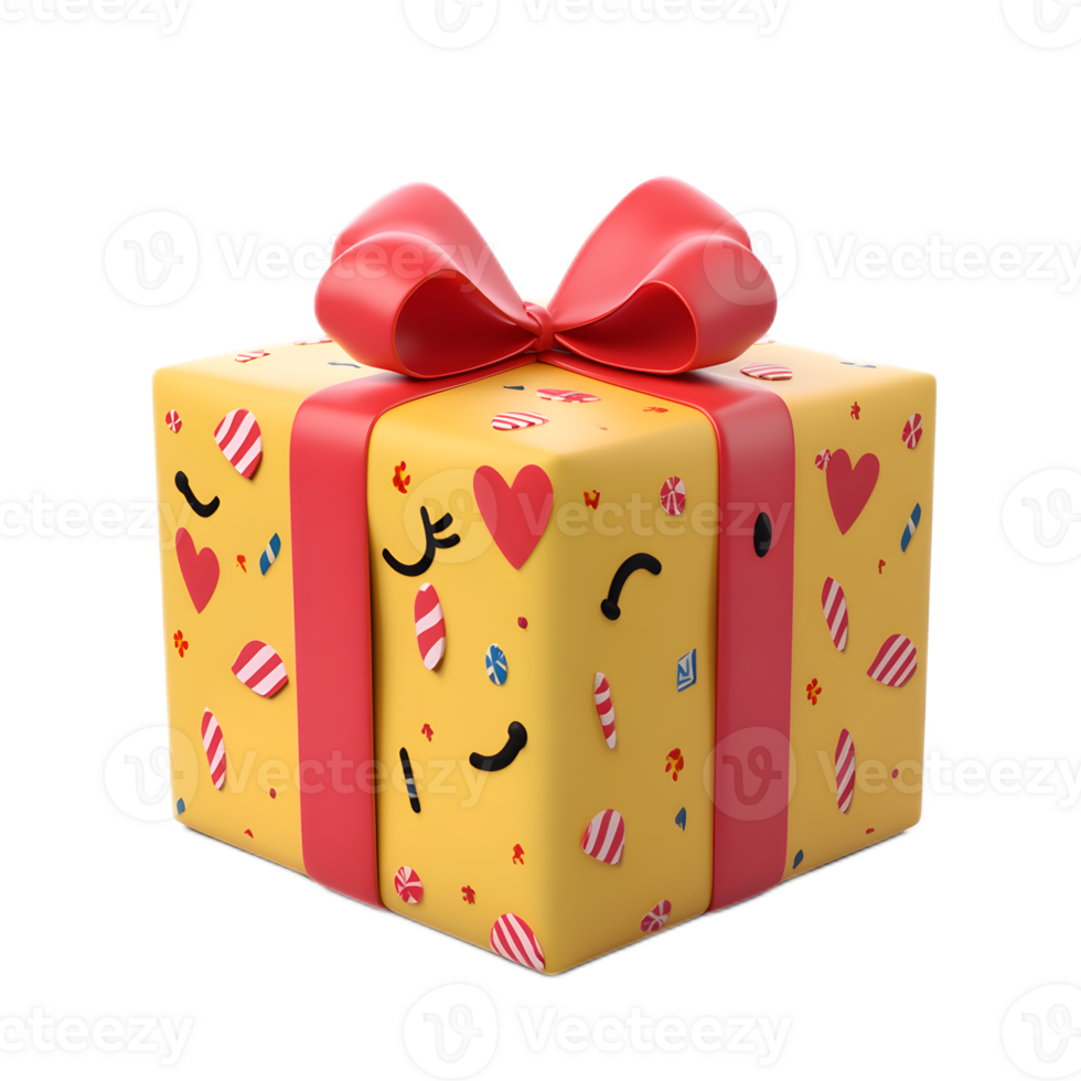 Vibrant Wrapped Gift Box with Playful Heart and Candy Pattern for Festive and Joyful Occasions png