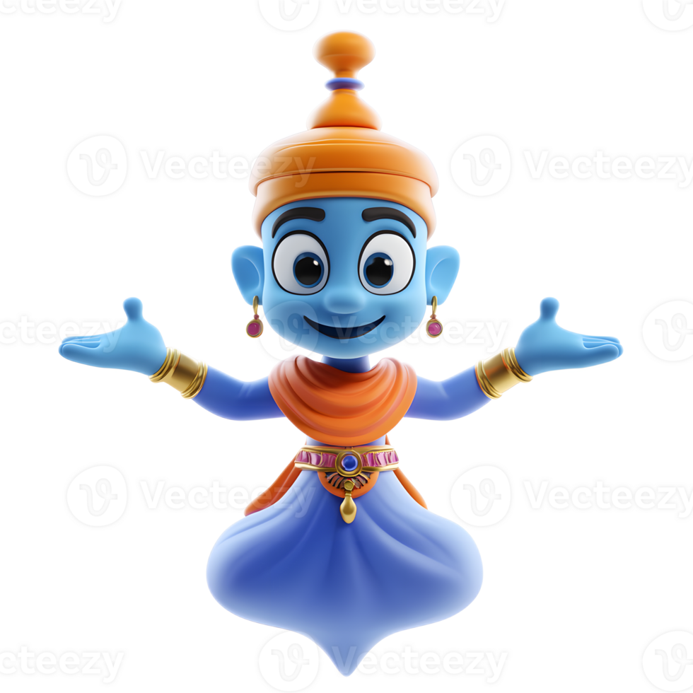 Animated Blue Genie Creature with Orange Hat and Jewelry on White Background png