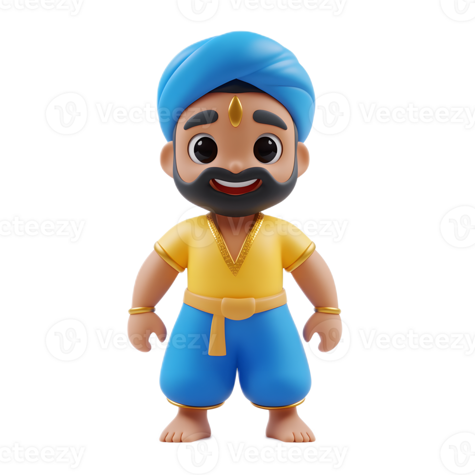 3D Rendered Cheerful Blue Genie Character with Yellow Costume Smiling on White Background png