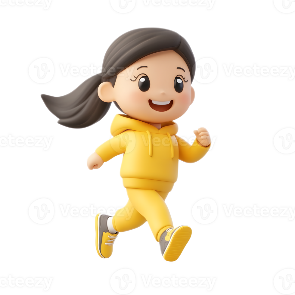 Cheerful Cartoon Girl Running and Jumping on White Background png