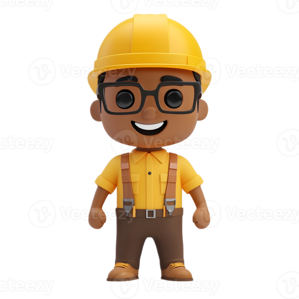 Cheerful Construction Worker in Hardhat and Glasses Illustrated in 3D Render png