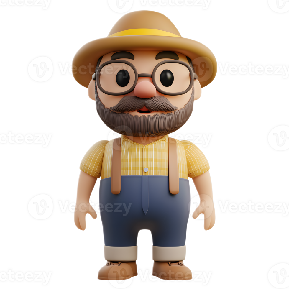Cheerful 3D Rendered Cartoon Farmer Mascot on Solid Background png