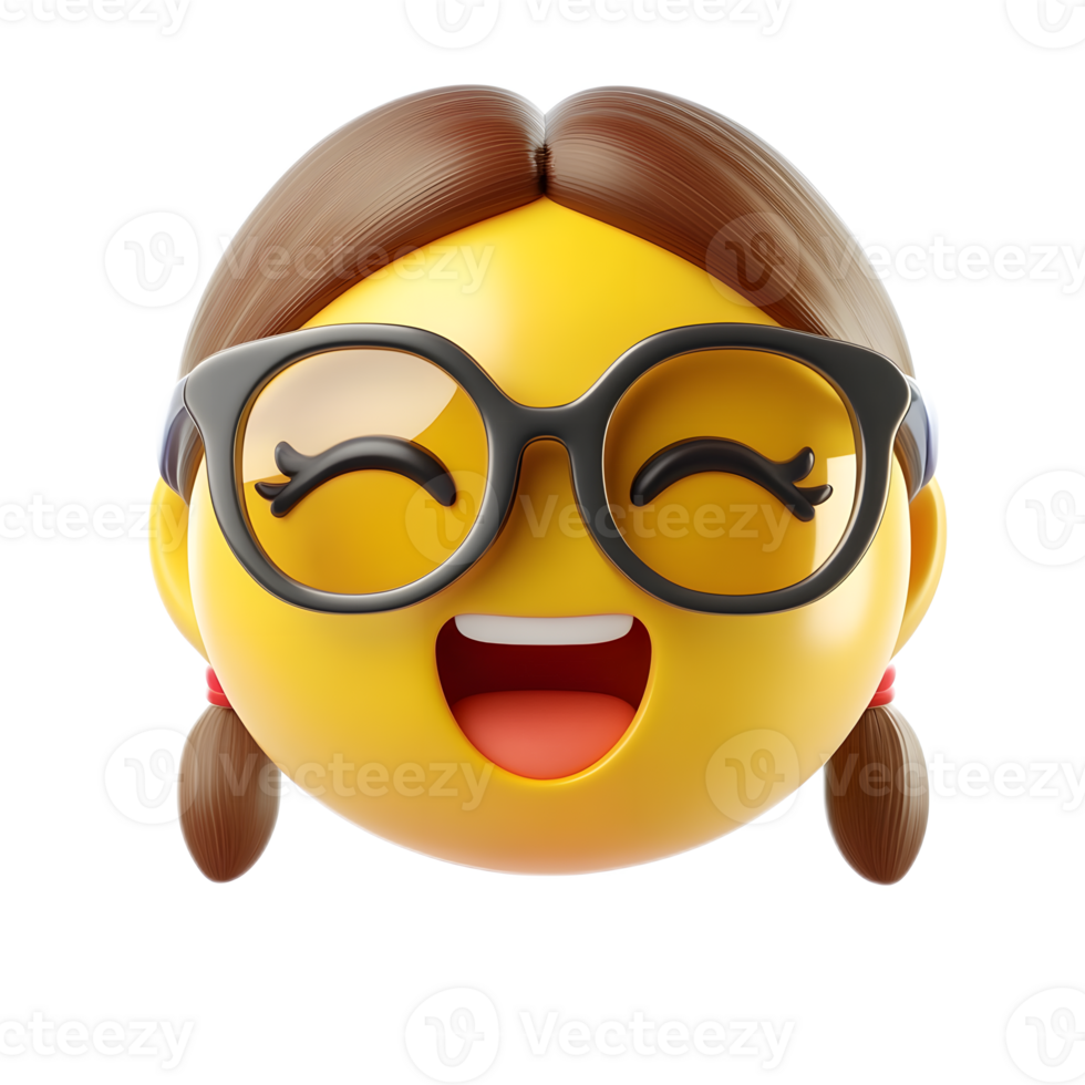 Cheerful 3D Rendered Emoji Character with Brown Hair and Glasses Smiling Excitedly Against White Background png