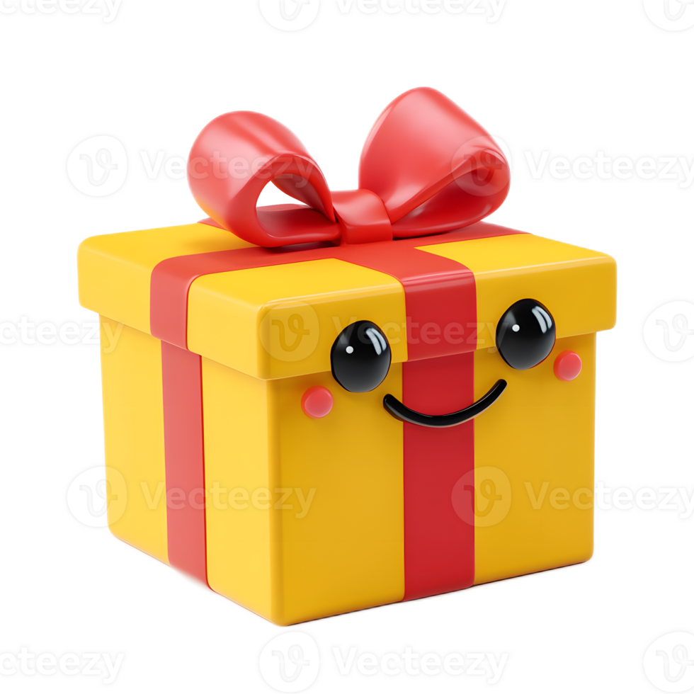 Cheerful 3D Rendered Gift Box Emoji with Red Bow on White Background png