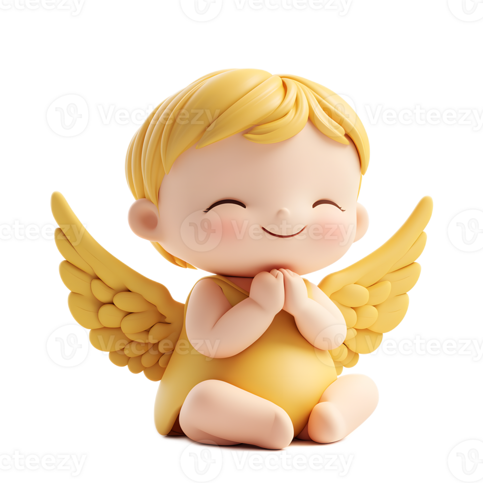 Cheerful Baby Angel Emoji in 3D Render with Angelic Wings and Halo on White Background png