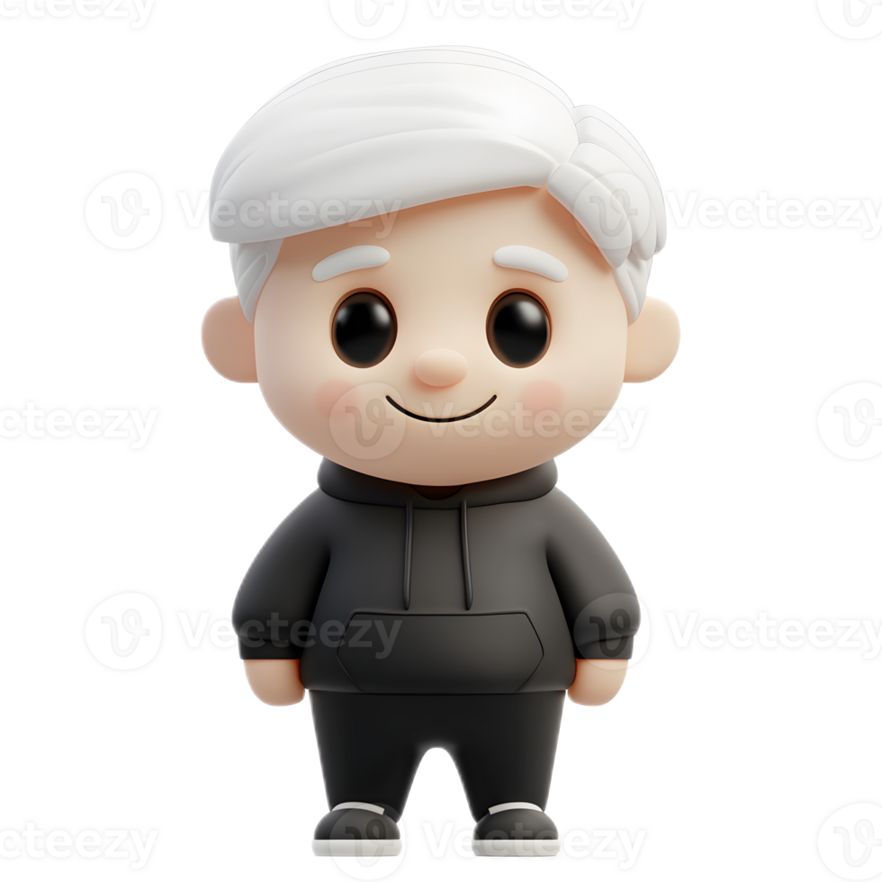 Cheerful Cartoon Character with White Hat and Black Outfit in 3D Render png